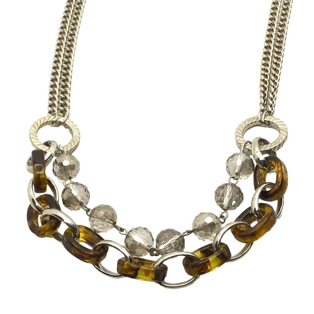Ann Taylor LOFT Necklace Two Tier Beaded Tortoise Shell Chain Link Silver Tone B - Picture 4 of 4